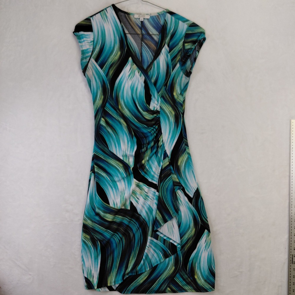 MIKO Womens Teal Abstract Swirl Print Ruched Faux Wrap Sheath Dress S F1121-325